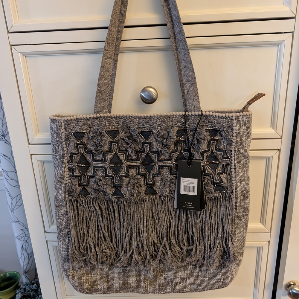 Myra Fringed Gray Woven Tote Bag with Embroidered Detail